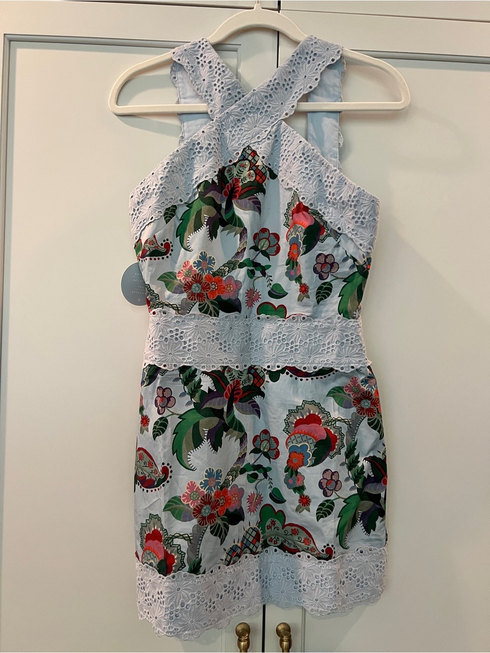 Hill House Home Meagan Dress. Eyelet-Trim Mini Dress in Light Blue Floral
